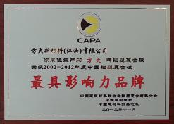 人生就是博尊龙凯时新材料（江西）有限公司荣获“2002-2012年度中国铝塑复合板最具影响力品牌”